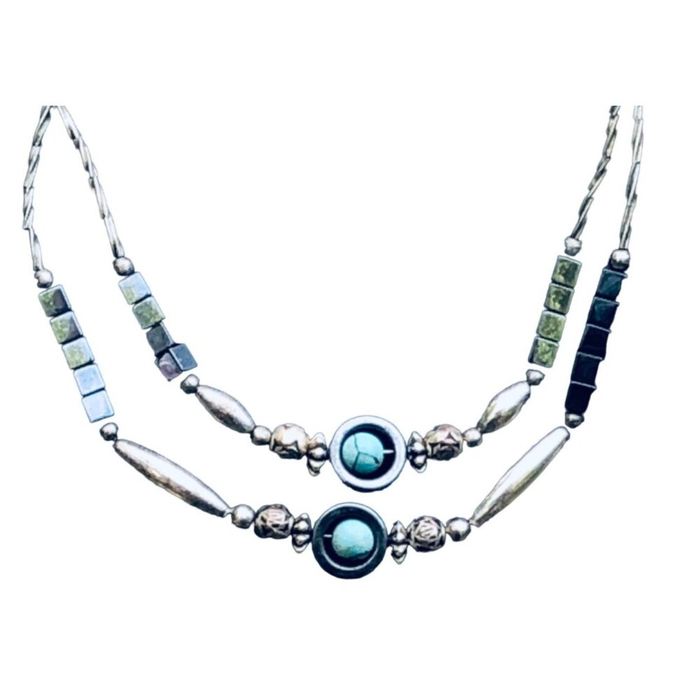 Handmade Liquid Silver, Hematite, and Faux Turquoise Bead Necklace Vintage - Picture 3 of 4